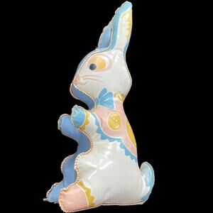 Vintage Oil Cloth Bunny Rabbit MCM Vinyl Carnival Prize Stuffed Toy 1950s Pastel